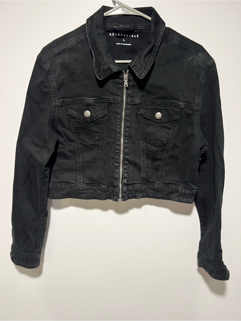 Aeropostale Black Cropped Zip-Front Denim Jacket